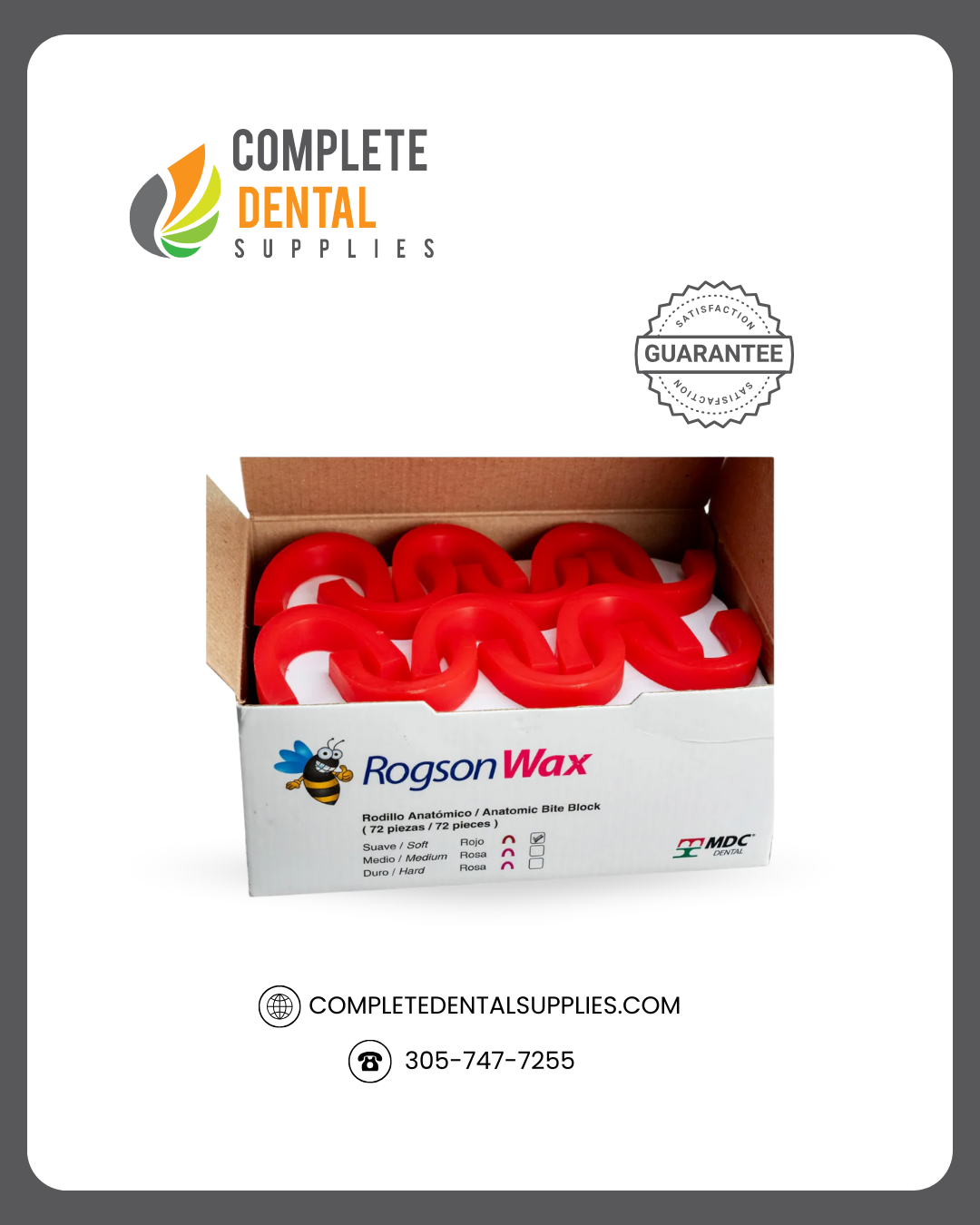 Rogxon Wax, Anatomic Bite Block / Rodillo anatomico, Soft/Suave, Red/Rojo, 72 pcs/box.