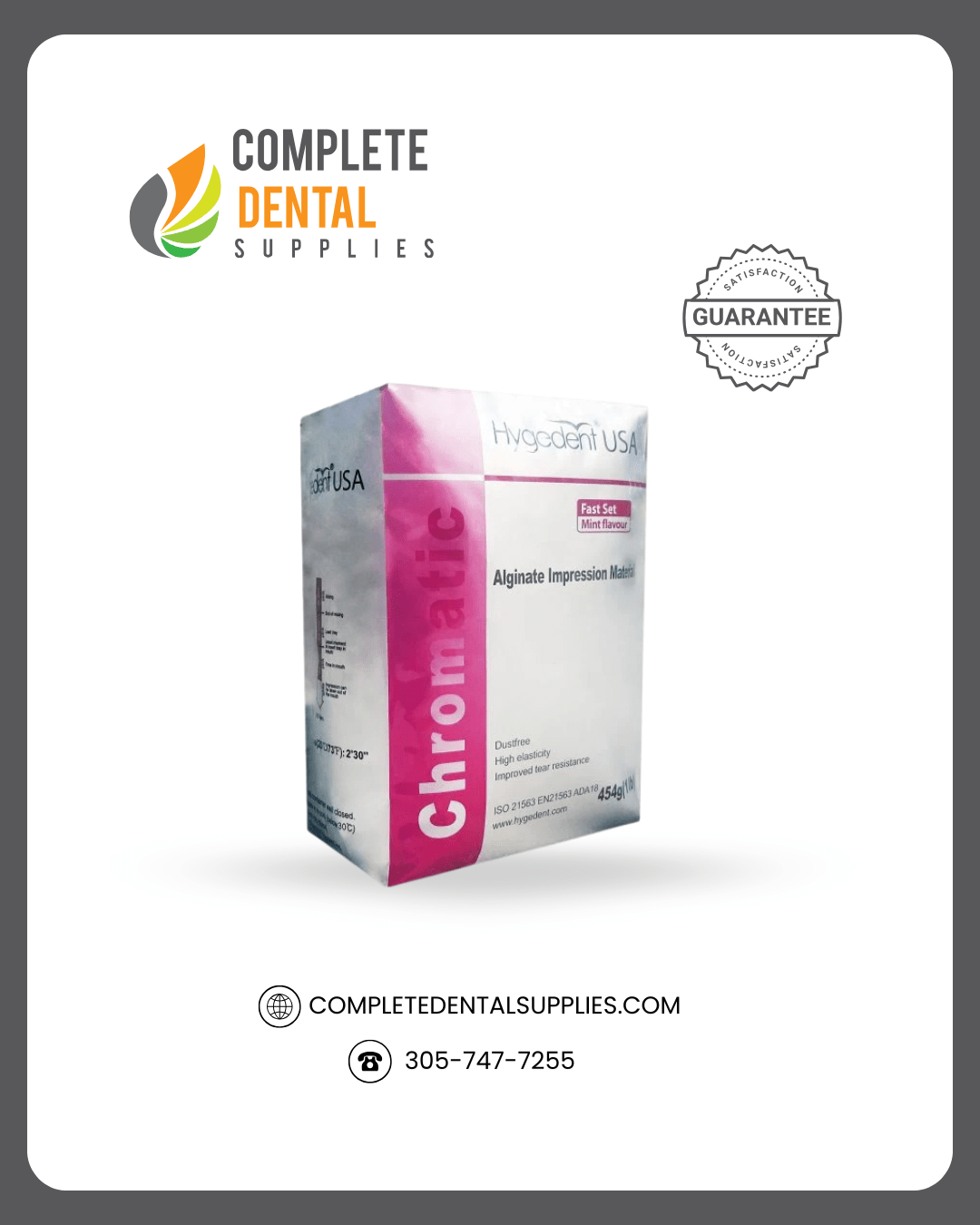 Hygedent Chromatic Fast Alginate mint-flavored dust-free 454 g bag.