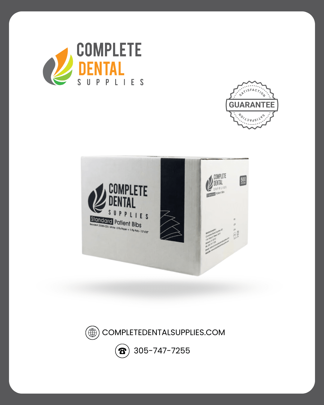 Patient Bibs, 2 Ply Paper + 1 Ply Poly, 6.5gram, Standard, White color, 500 Pcs / case.