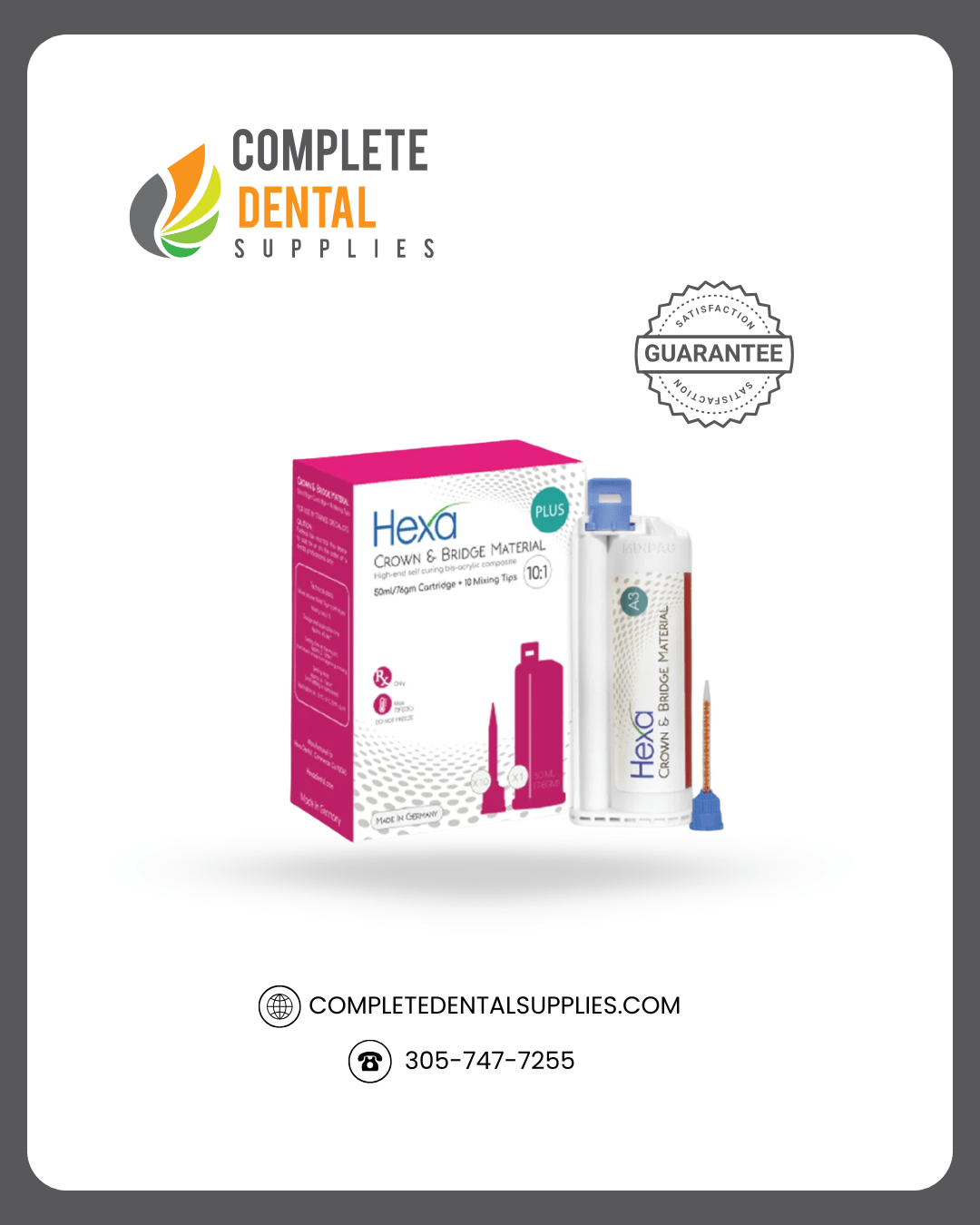 Hexa Temp Crown & Bridge Material 10:1 Ratio, 50ml X 1 Cartridge + 10 Mixing Tips, Shade A-2