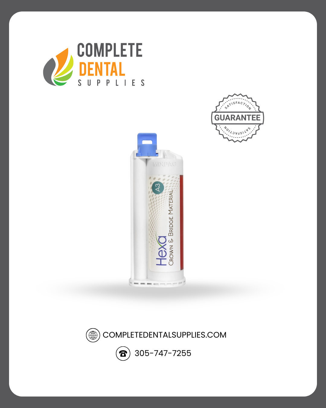 Hexa Temp Crown & Bridge Material 10:1 Ratio, 50ml X 1 Cartridge + 10 Mixing Tips, Shade A-2