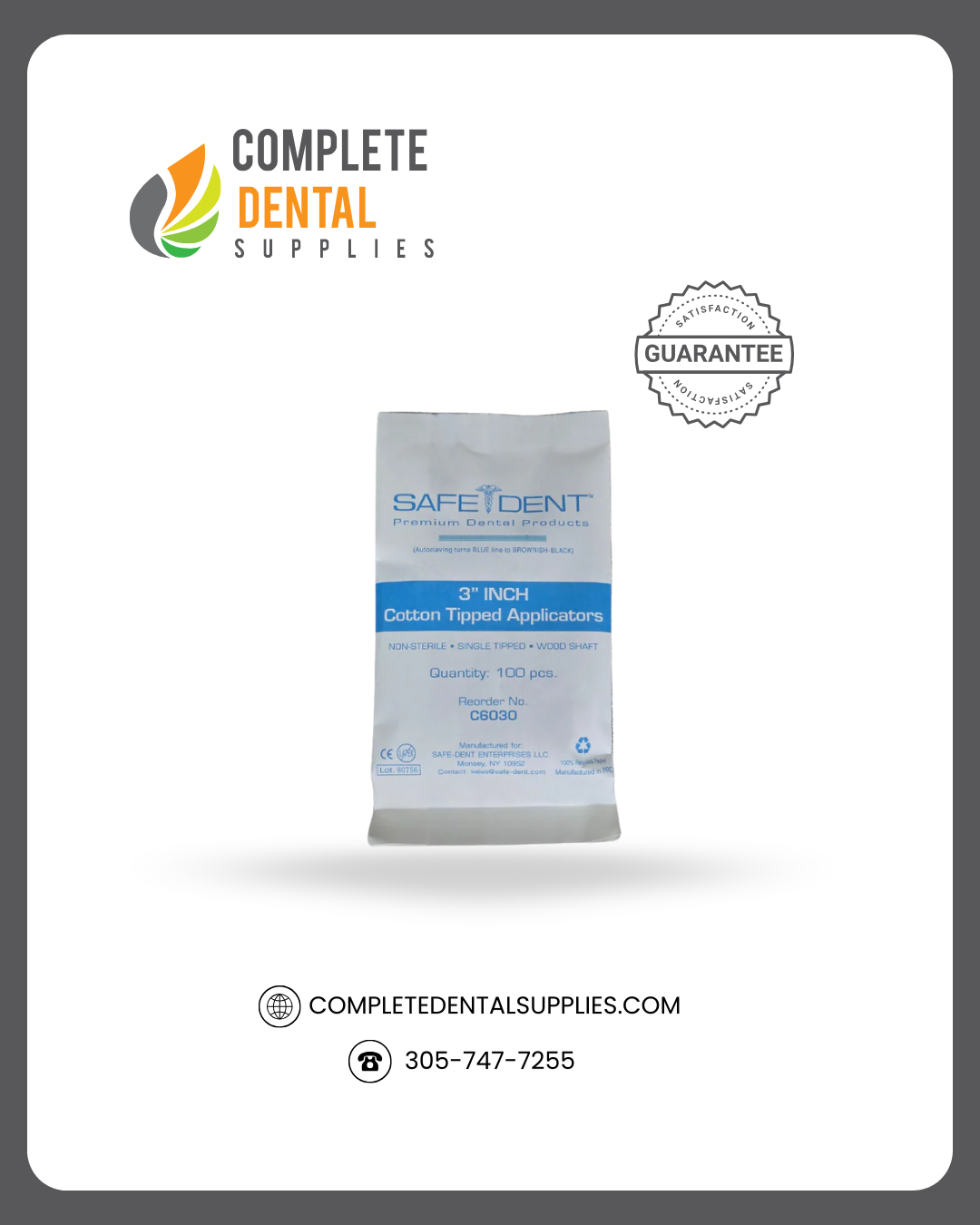 3" Cotton Tipped Applicators Single Tipped, Wood Shaft, Non Sterile, 100 Pcs in Auto Clave Bag, 10 bag/box