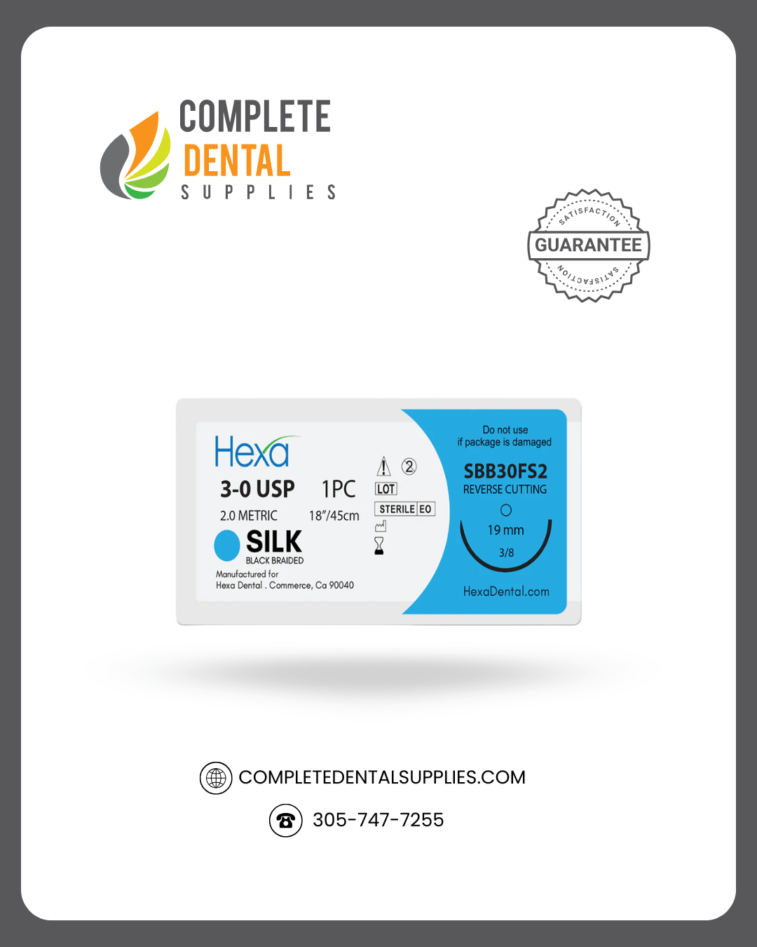 Hexa SILK Suture, Size 3/0, Needle 19mm, Length 18", 12 per pack.