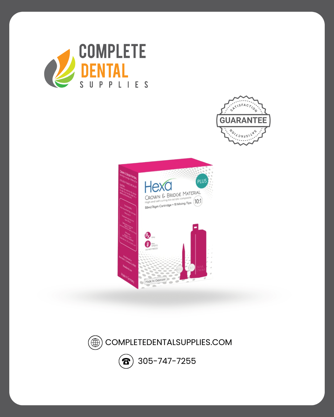 Hexa Temp Crown & Bridge Material 10:1 Ratio, 50ml X 1 Cartridge + 10 Mixing Tips, Shade A-2