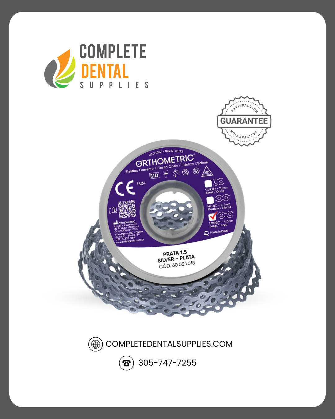 Elastomeric Chain Orthometric - 1,5M - Long - Silver.