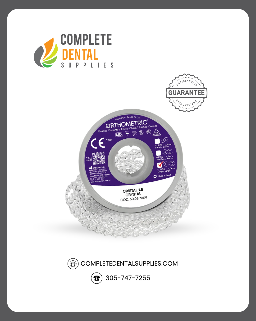 Elastomeric Chain Orthometric - 1,5M - Long - Crystal, Single Spool.