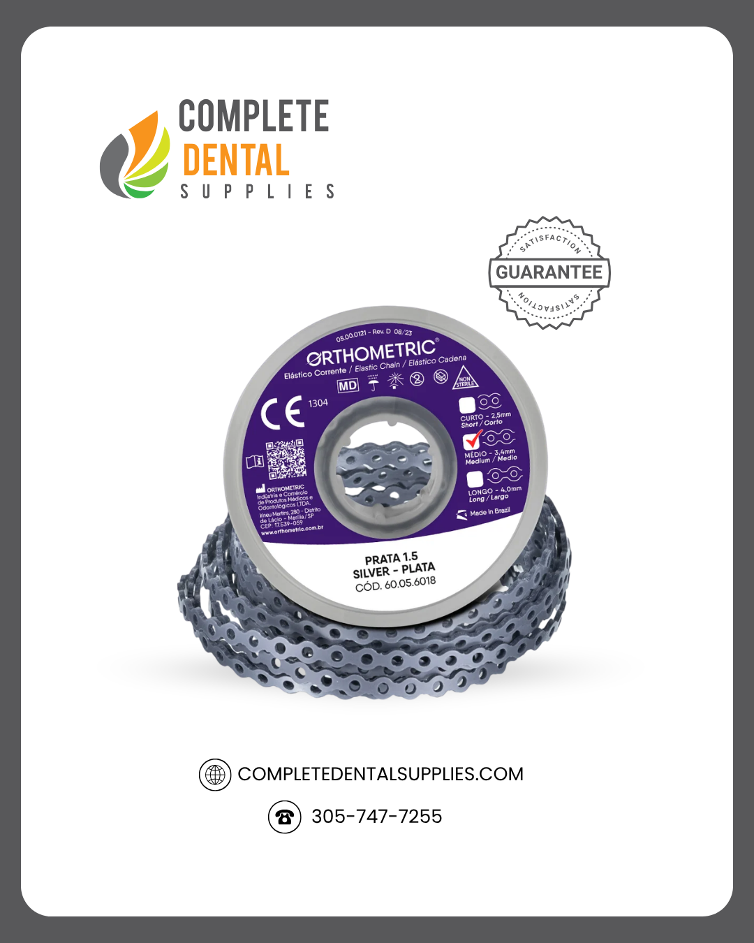 Elastomeric Chain Orthometric - 1,5M - Medium - Silver, Single Spool.