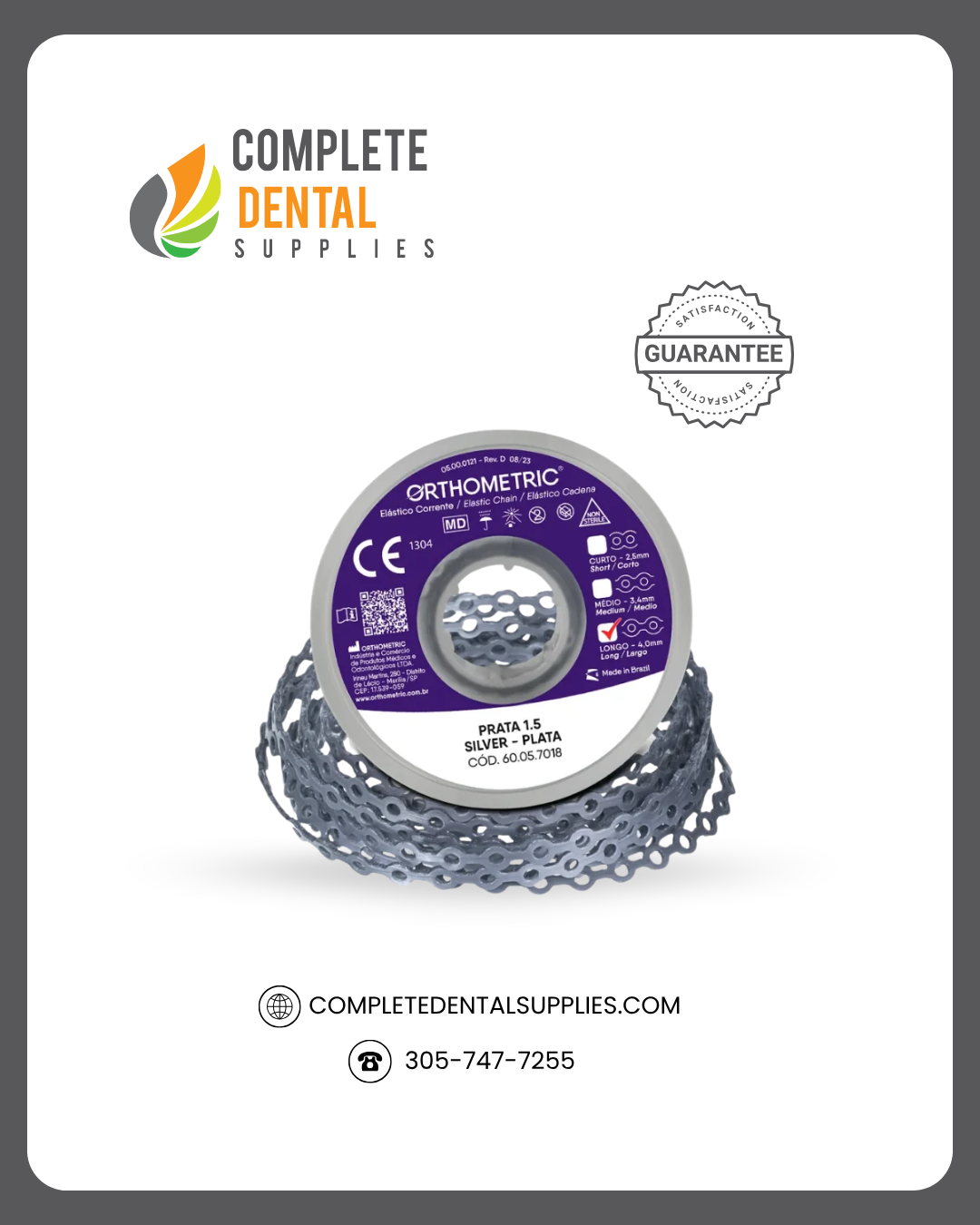 Elastomeric Chain Orthometric - 1,5M - Long - Silver.