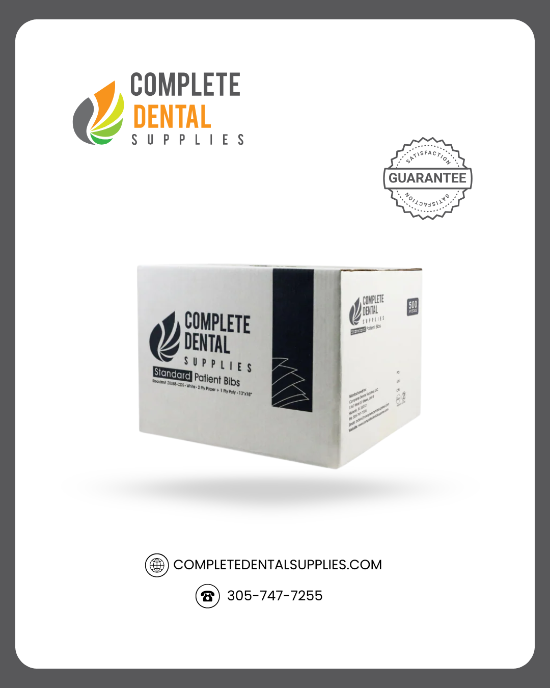 Patient Bibs, 2 Ply Paper + 1 Ply Poly, 6.5gram, Standard, White color,  500 Pcs / case.