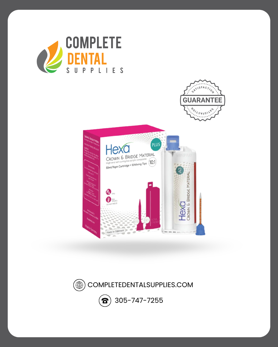 Hexa Temp Crown & Bridge Material 10:1 Ratio, 50ml X 1 Cartridge + 10 Mixing Tips, Shade A-2
