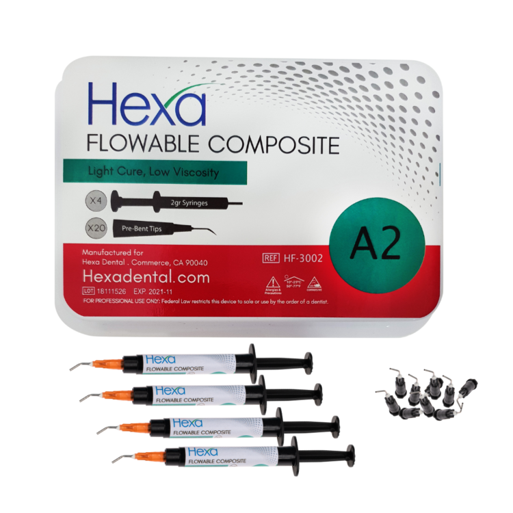Flowable Composite A2,  4 x 2 gram syringes & 20 pre-bent tips.